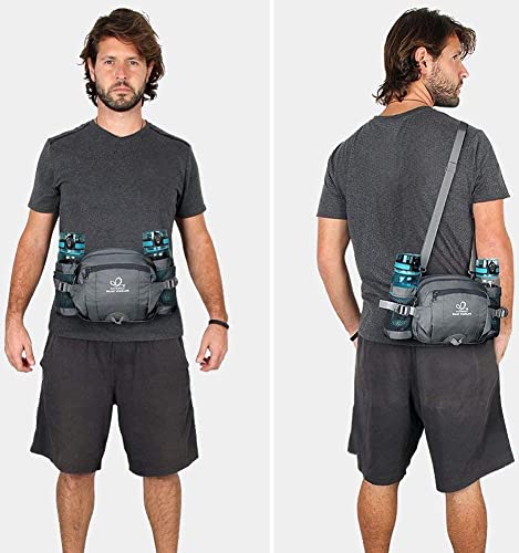 WATERFLY Fanny Pack Waist Bag with 2 Water Bottle Holders, 6-Pockets for Hiking - Gray