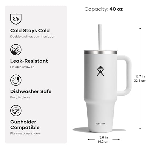 Hydro Flask 40 Oz Travel Tumbler with Handle, Lid and Straw - Insulated Stainless Steel in Black