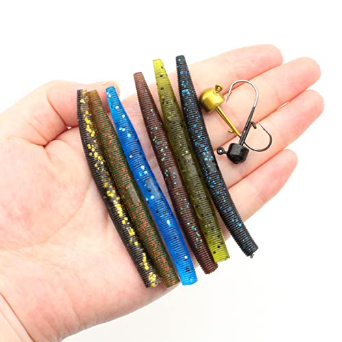 6 Color Ned Rig Kit Soft Plastic Worms with Jigs and Hooks - Bass Fishing Lures