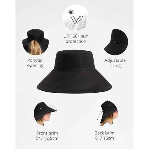 Solbari Women¡¯s Ultra-Wide Cotton Linen Sun Hat UPF 50+, Packable, Adjustable with Ponytail Hole for Travel, Beach & Outdoors