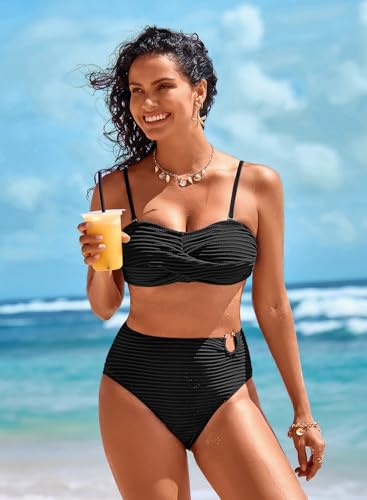 Pink Queen High Waisted Bikini Sets for Women - Medium Black Twist Front Bandeau Swimsuit