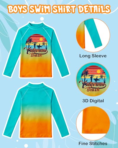 Kids Boys Swim Set with Rash Guard & Trunks - Orange Green Beach and Coconut Tree, Size 5-6 Years