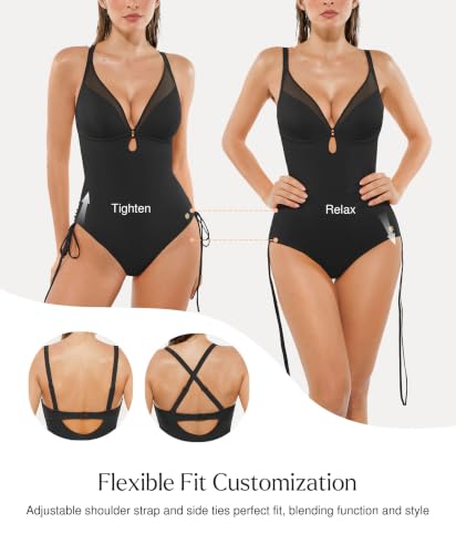 Popilush Tummy Control One-Piece Swimsuit for Women - Large Black Shapewear Bathing Suit