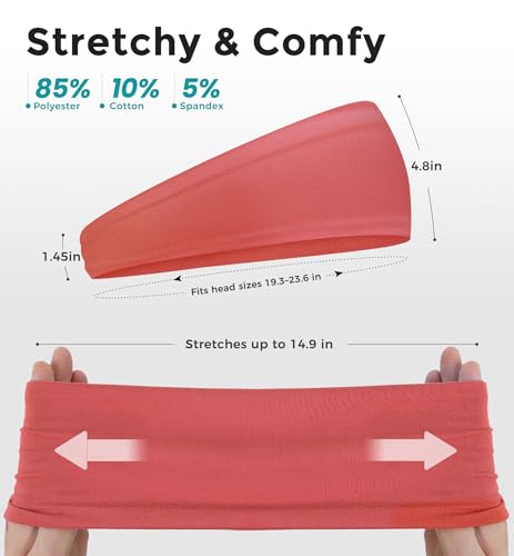 Moisture Wicking Headbands for Men & Women 5-Pack - Black, White, Silver, Purple, Coral