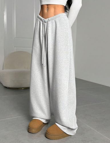 Women's Fleece Lined Sweatpants - V-Waist Wide Leg Baggy Pants Grey Medium