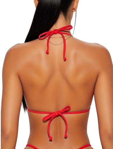 Women's Triangle Bikini Top Adjustable Halter String - Dazzling Red XS