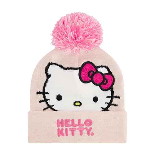 Hello Kitty Beanie Hat and Gloves Set, Girls Cuffed Marled Winter Knit Cap with Pom and Matching Mittens, Pink, One Size
