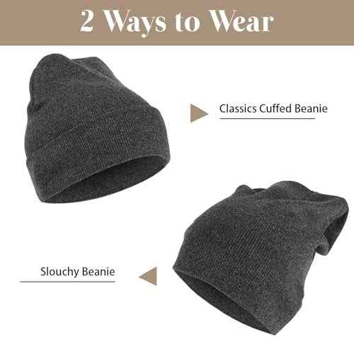 2 Pack Unisex Beanie for Men Women, Slouchy Cuffed Winter Beanie Hats, Soft Warm Knit Beanies Skull Cap Ski Hats- Black, Gray