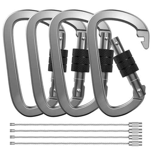 Premium Aluminum D Ring 4" Locking Carabiner Clips with Screw Gate, Set of 4, Lightweight & Durable for Hiking, Camping, Hammock, Dog Leash Harness, Keychains