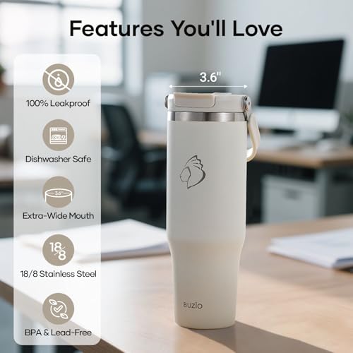 Insulated 40 oz Water Tumbler with Handle and 2-in-1 Lid - Beige