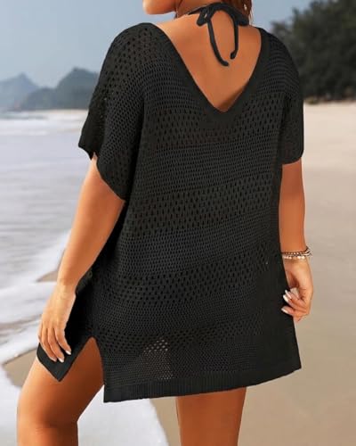 Plus Size Swimsuit Cover Up Crochet Bathing Suit Short Sleeve Beach Dress - 18 Plus, Black