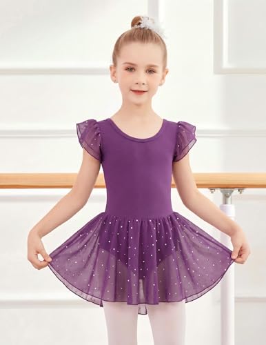 Girls Ruffle Sleeve Ballet Leotard with Criss-Cross Back - Dark Purple, 6-7 Years