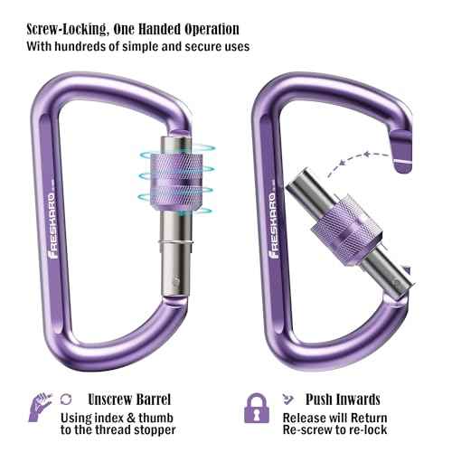 FresKaro 3inches Screw Locking Carabiners, Strong Tensile Strength 12kN/2698lbs, Lightweight, Rust-Free, D Shape Wide Opening Gate, Sturdy and Last Long, Assorted Colors