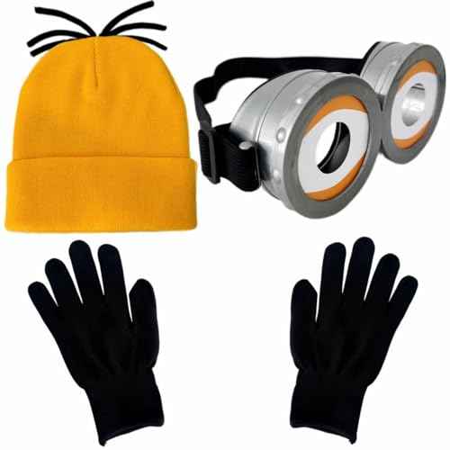 3Pcs Halloween Costumes Accessories for Men Women Adult Cosplay, Goggles Glasses Yellow Hat Black Gloves
