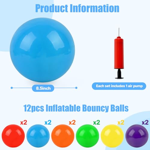 12Pcs 8.5Inch Inflatable Bouncy Balls with Hand Pump - Kids Outdoor & Indoor Play - 6 Colors