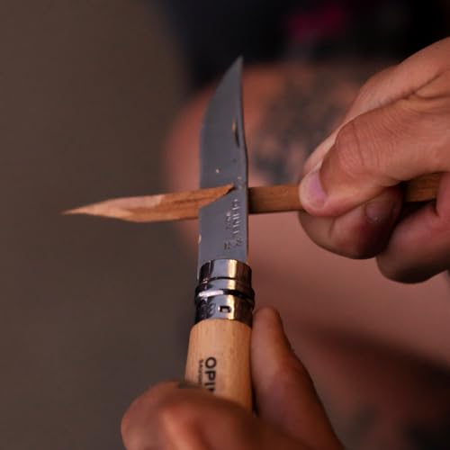 Opinel No. 08 INOX - Sandvik Stainless Steel Folding Pocket Knife, Beechwood Handle, 3.28 in Blade, Virobloc Safety Locking Collar, Made in France