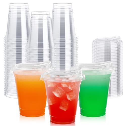 Clear Plastic Cups with Sip Lids - 12 oz, 100 Pack, Strawless Design