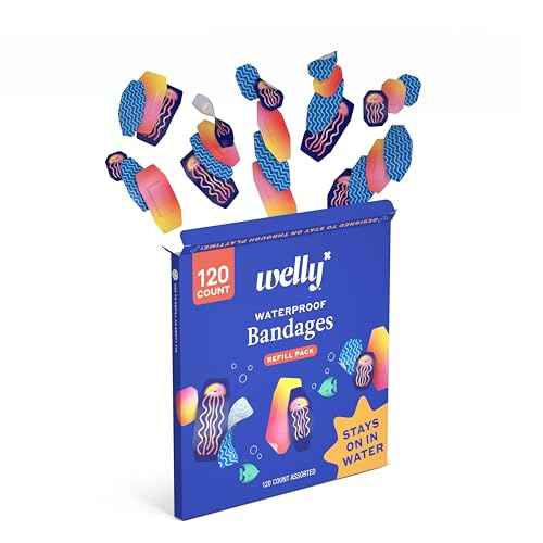 Welly Bandage Waterproof Refill Pack | Adhesive Waterproof Bandages | Assorted Shapes and Patterns for Minor Cuts, Scrapes, and Wounds - 120 Count