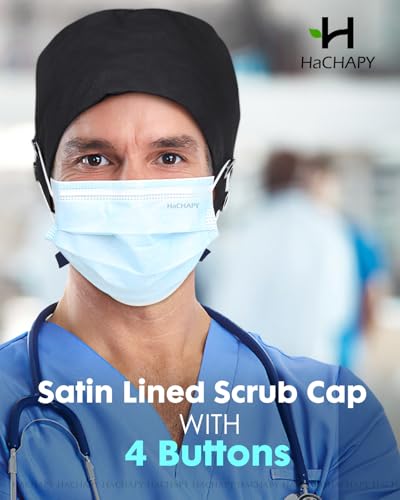 2 Pcs Satin Lined Scrub Caps for Nurses Women Men with 4 Buttons - Black