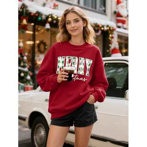 OUNAR Christmas Shirts For Women Merry Christmas Graphic Sweatshirt Christmas Crewneck Long Sleeve Xmas Holiday Pullover Tops