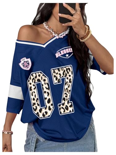 SOLY HUX Women's Y2K Oversized Jersey Graphic Shirt Medium Blue