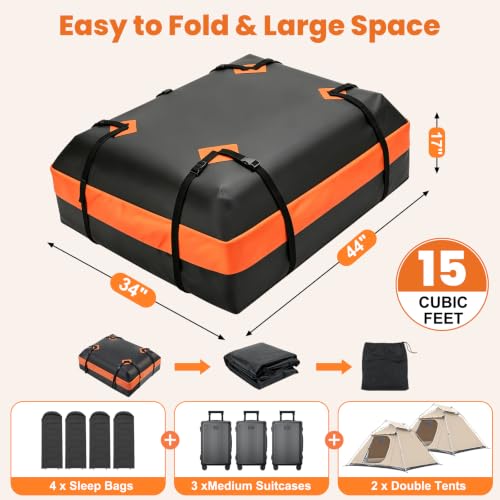 KMFurnila Waterproof Car Roof Cargo Carrier Bag - 15 Cu Ft, Dark Orange