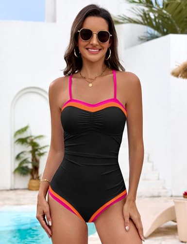 Women's One Piece Swimsuit Color Block Ruched Tummy Control Large Pink-Orange-Black