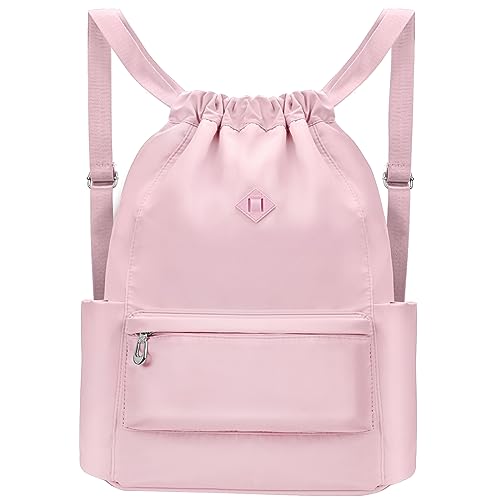 Pink Medium Drawstring Backpack with Wet Pocket for Women - Sports Gym Sack