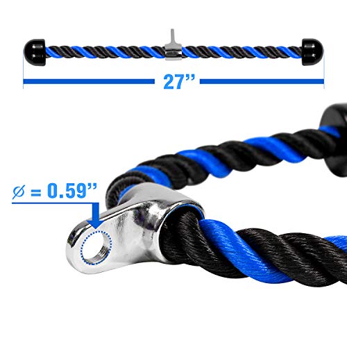 27 Inch Blue Black Tricep Rope with Carabiner for Cable Work - Heavy Duty Nylon