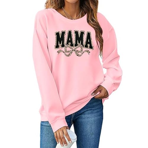 SFHFY Mama Crewneck Sweatshirt Women: Casual Mom Long Sleeve Shirt Bow Mama Letter Print Pullover Top