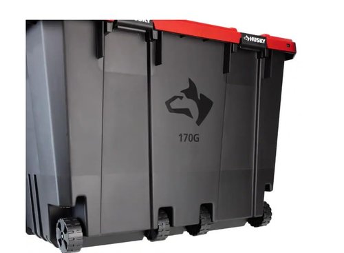 Husky 170 Gallon Pro Grip Storage Tote, Black/Red, Wheeled with Steel Handle, 48.6 x 40.1 x 27.4 inches