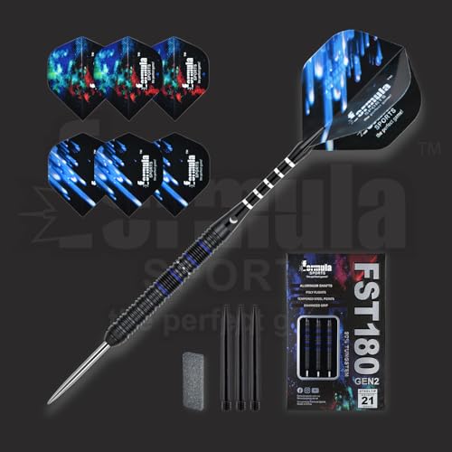 Formula Sports Tungsten Steel Tip Darts Set 23g Black & Blue - Professional Steel Tip Darts with Flights, Shafts & Sharpener