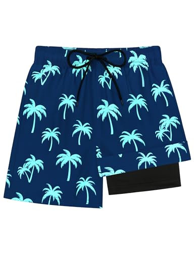Kids Boys Swim Trunks with Compression Liner - Navy Green Coconut Palms, 14-16 Years