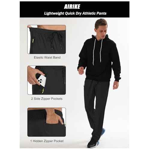 Men's Elastic Waist Hiking Pants Water Resistant Quick-Dry Lightweight Outdoor Sweatpants with Zipper Pockets