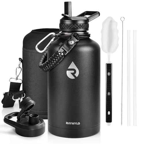 Insulated Water Bottle 64 oz, Triple Wall Vacuum Stainless Steel (Cold for 48 Hrs), Leak Proof & Non-BPA, Half Gallon Water Flask Jug with Paracord Handle & Straw Spout Lids, Magic Black