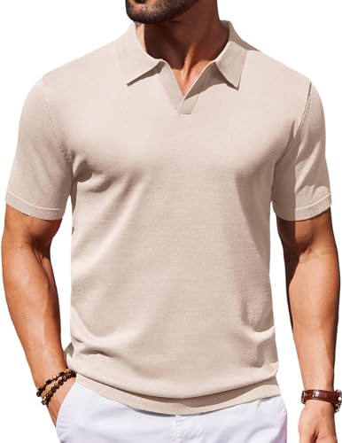 Men's V Neck Short Sleeve Stretch Knit Polo Shirt - Medium Khaki