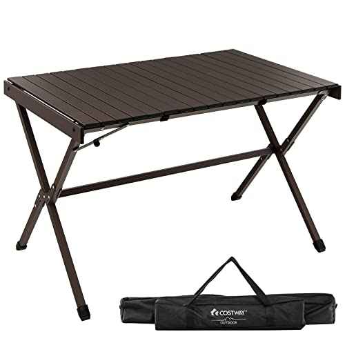 COSTWAY Portable Picnic Table, 28¡¯¡¯ x 43¡¯¡¯ Roll-Up Aluminum Beach Table with Carry Bag for 4-6 Person, Folding Camping Table with Sturdy X-Shaped Frame (Brown)