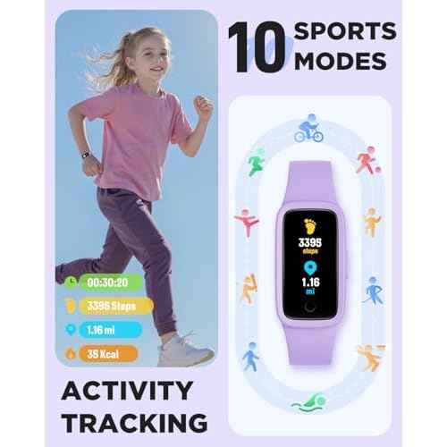 BIGGERFIVE Vigor 3 Kids Fitness Tracker Watch, AMOLED Screen, No App No Phone Needed, 3ATM Waterproof, Heart Rate and Sleep Monitor, Pedometer Watch, Sports Step Counter for Girls Ages 5-15, Lilac