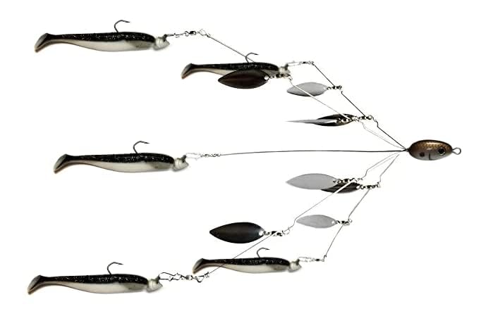 Umbrella Rig Bass Lure Set - 5 Arms, 8 Willow Blades, 5 Swim Baits & 5 Jig Heads