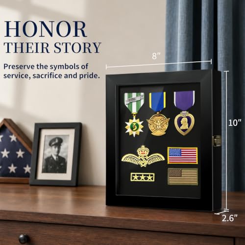 8 x 10 Solid Wood Lapel Pin Display Case with UV Protected Glass for Military Medals & Badges