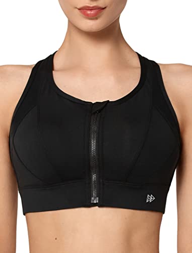 Yvette High Impact Zip Front Sports Bra for Women - X-Large D/DDD Black