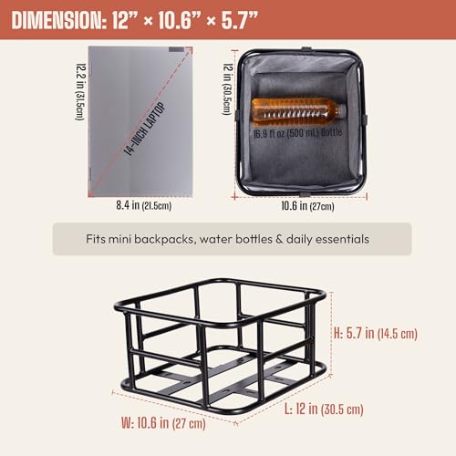 Small Steel Bike Rear Basket with Padded Liner & Net - Holds 60 lb