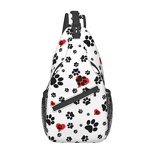 Dog Paws Print Crossbody Sling Bag for Men Women Black Lightweight Small Daypack