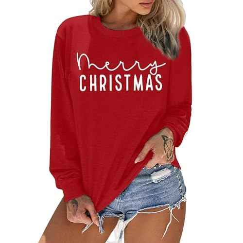 Merry Christmas Sweatshirts Women Classic Merry Letter Print Sweatshirts Xmas Holiday Party Pullover Blouse
