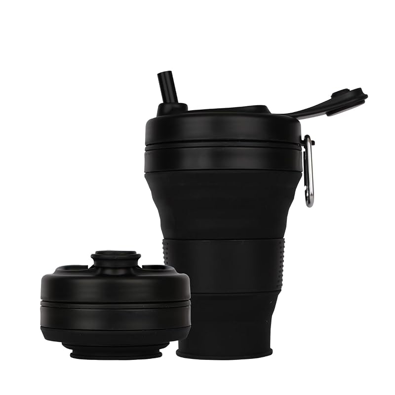Collapsible 20oz Silicone Coffee Cup with Straw Lid – Black