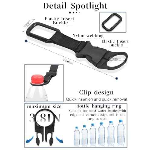 ZXZone 2PCS Bottle Buckle Clip Hanging Buckle Portable Water Bottle Ring Holder Keychain Mineral Water Bottle Clip for Backpack Belt Nylon Webbing Strap for Outdoor Tactical Camping Hiking(Black)