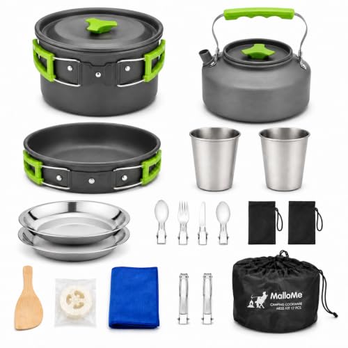 17-Piece Camping Cookware Set - 1.7L Pot, Frying Pan, Kettles, Cups & Utensils - Green