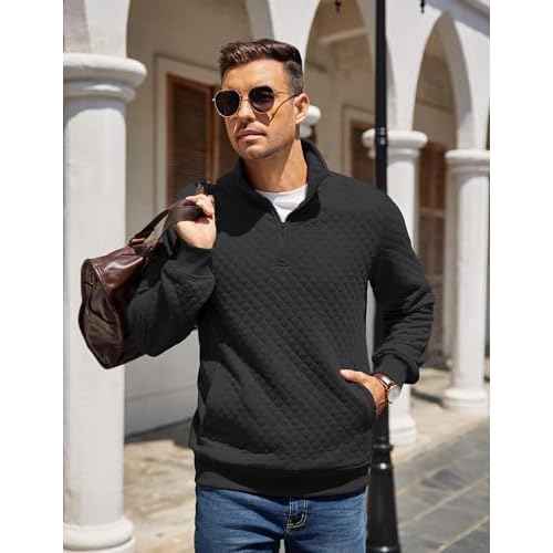 COOFANDY Mens Quarter Zip Pullover Quilted Sweatshirt Knit Long Sleeve Mock Neck Sweater Polo with Pocket