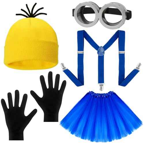 5Pcs Halloween Costume Accessories Adult, Yellow/Purple Beanie Goggle Glove Skirts Halloween Party Costume Set