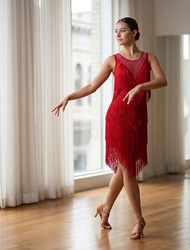 Red Rhinestones Layered Fringe Dance Dress for Women - Ballroom Latin Flapper Costume
